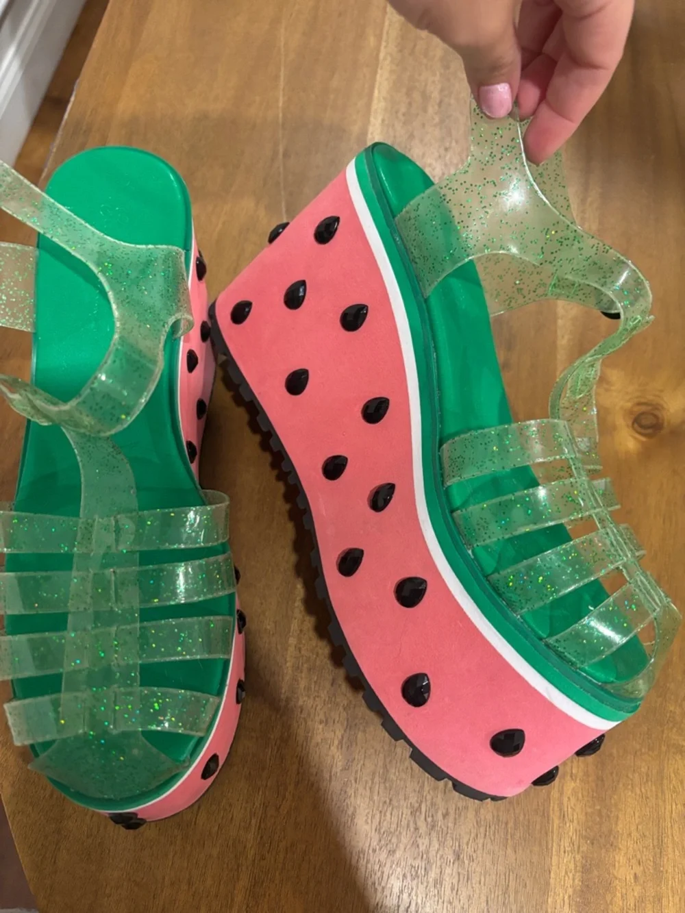 Sugar Thrillz Green Glitter Jelly Platform Sandals with Pink Watermelon Wedge